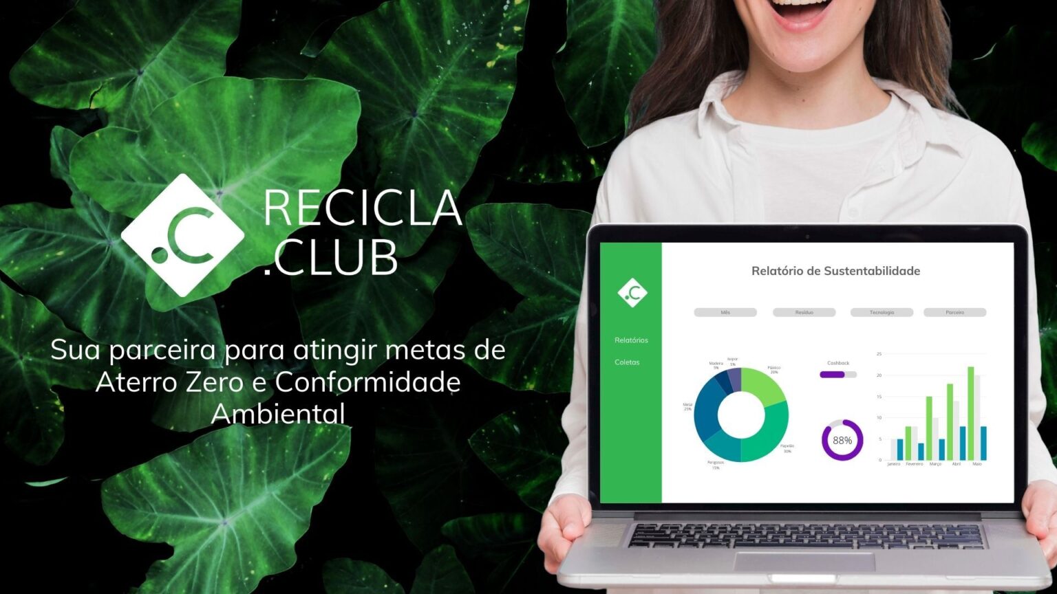Demonstração de um relatório de sustentabilidade e a frase: Sua parceira para atingir metas de Aterro Zero e Conformidade Ambiental.