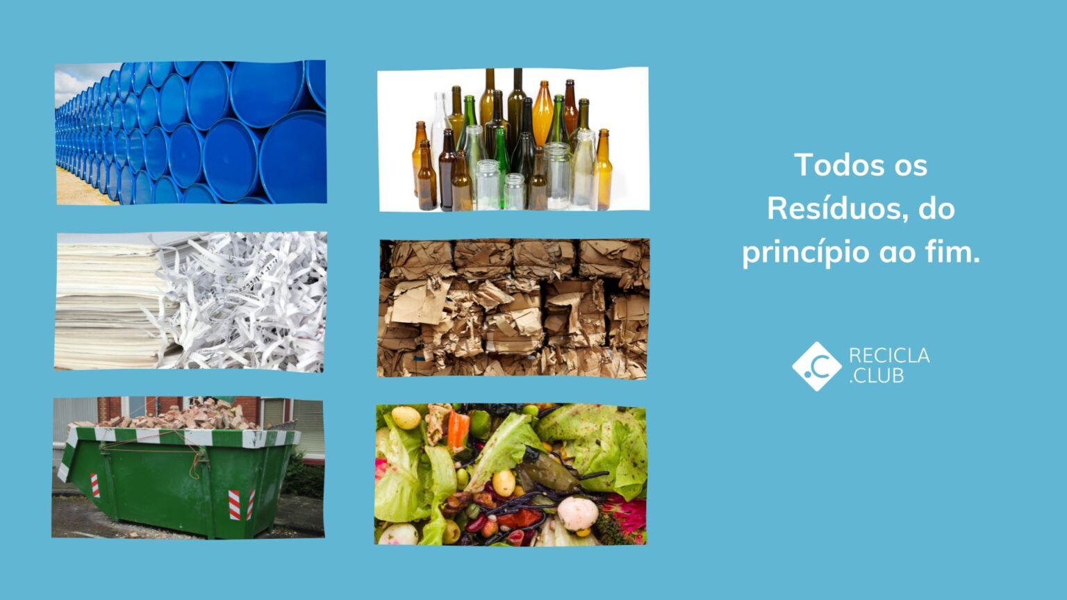 Imagem com tipos diferentes de resíduos: papelões, garrafas de vidro, papéis e orgânicos.